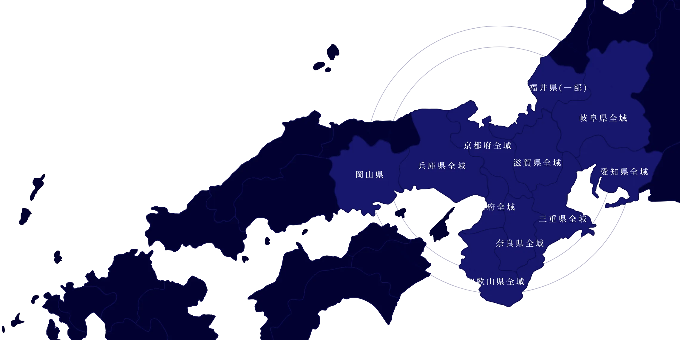 施工可能エリアを示した近畿・東海・中国地方の地図